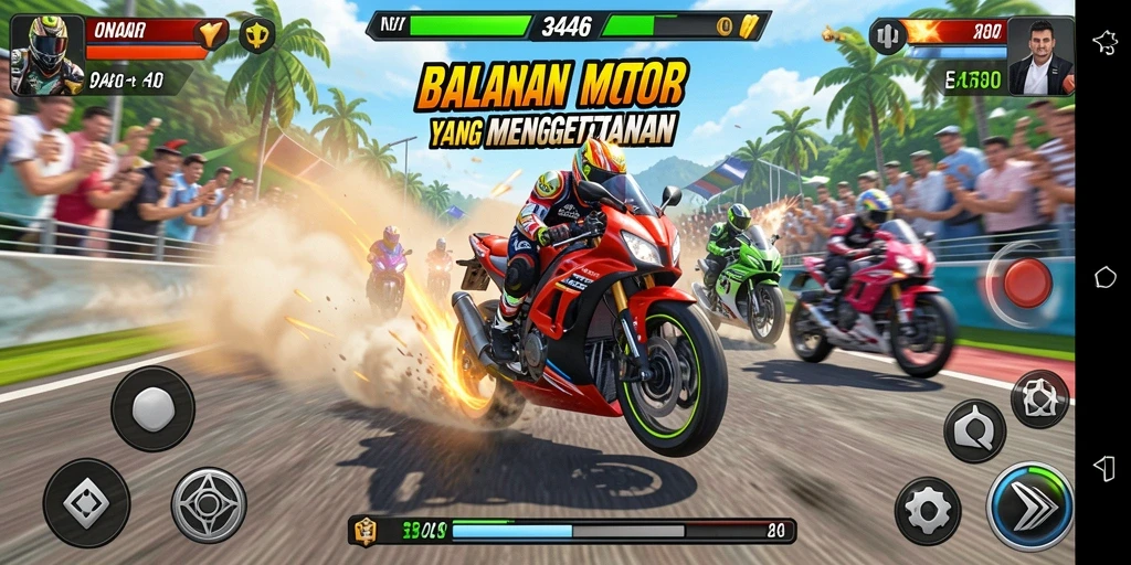 Tampilan dalam game 3446 dengan aksi balapan motor yang seru.