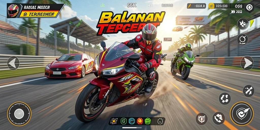 Tangkapan layar gameplay seru dari balapan motor di 66K.