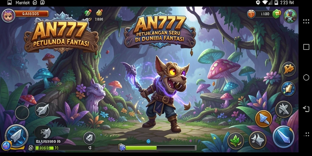 Screenshot utama AN777 menampilkan karakter menjelajahi hutan yang misterius.