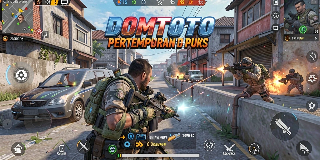 Screenshot utama DOMTOTO menunjukkan aksi pertempuran FPS yang mendebarkan.