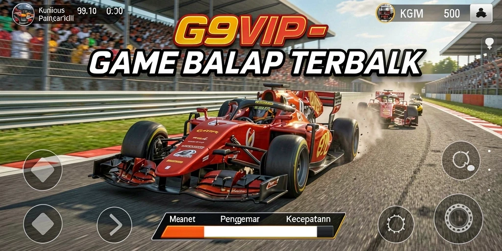 Tangkapan layar G9VIP menampilkan aksi balap yang intens dan mendebarkan.
