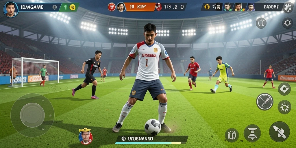 Screenshot gameplay IDAGAME menampilkan aksi sepak bola yang mendebarkan.