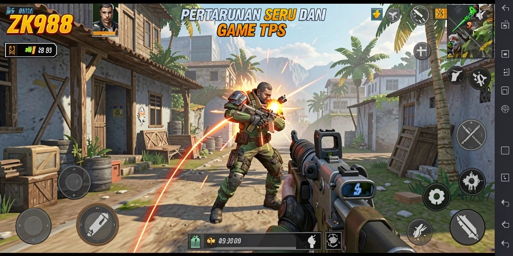 Screenshot gameplay ZK988 menampilkan aksi seru dalam pertempuran TPS.